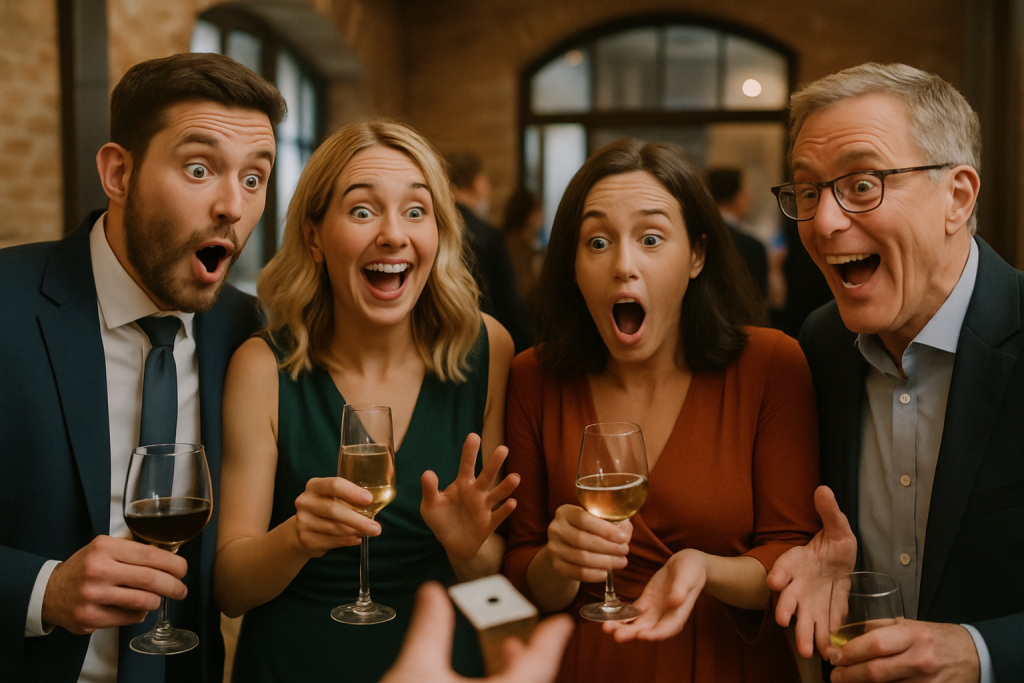 Guests laughing during a wedding at Mulberry House Essex with magician performing