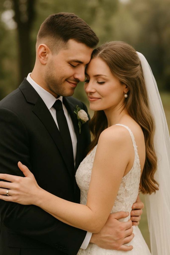 Bride and groom in an intimate embrace away from the wedding crowd, candid romantic moment symbolising the importance of taking time for yourselves on your wedding day