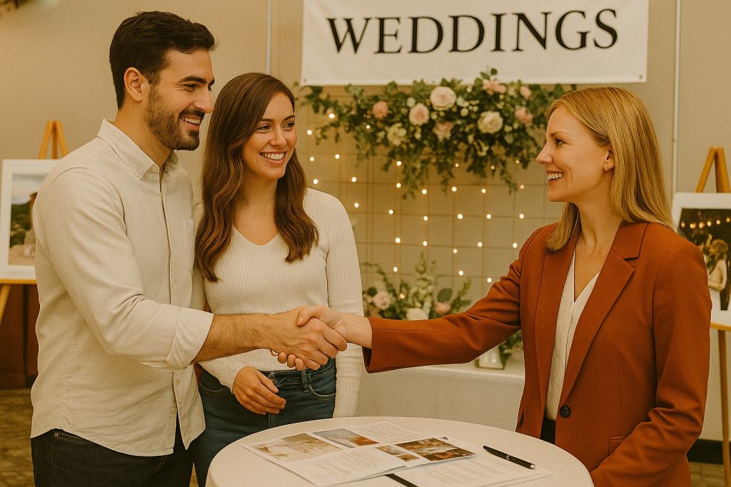Happy engaged couple shaking hands with a female wedding supplier at a wedding fair, smiling and discussing ideas at a decorated booth with floral displays.