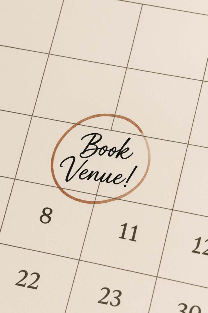 Close-up of a calendar with the 15th circled and handwritten reminder ‘Book Venue!’ – symbolic image for wedding planning timeline and booking key suppliers early.