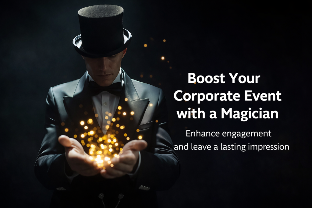 Magician performing at a corporate event in London, creating a magical atmosphere with glowing particles, enhancing guest engagement and brand experience.